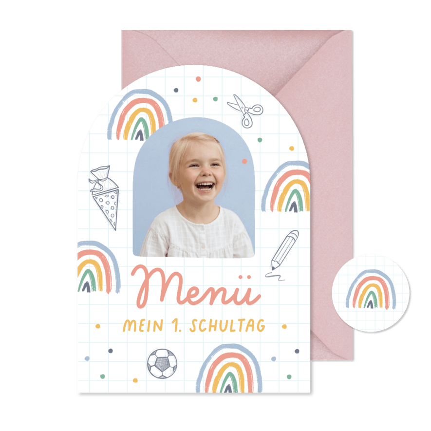 Menükarte Einschulung Foto, Regenbogen & Doodles - Kartenvorschau