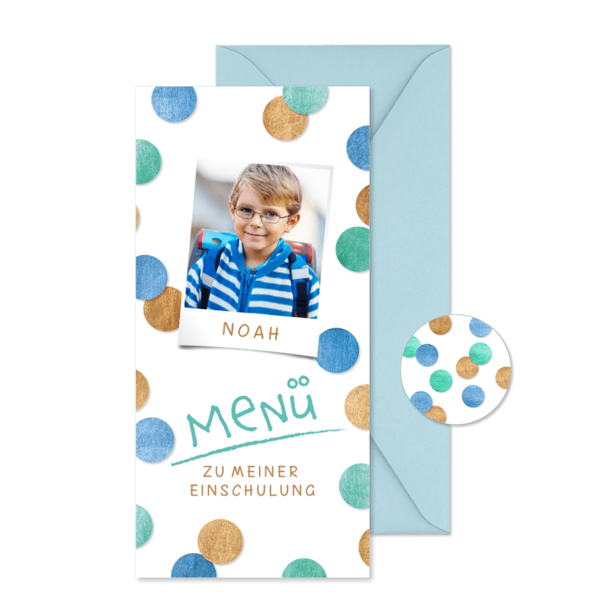 Menükarte Einschulung Foto & Konfetti blau - Karteneindruck