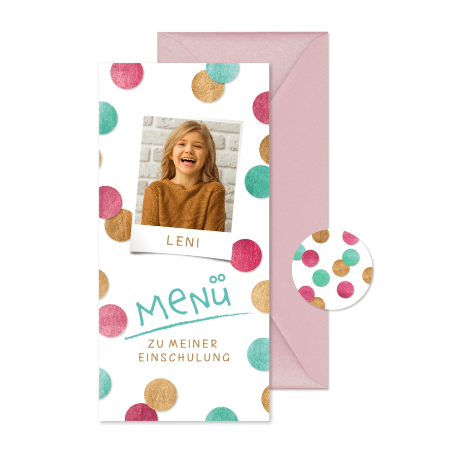 Menükarte Einschulung Foto & Konfetti pink - Karteneindruck
