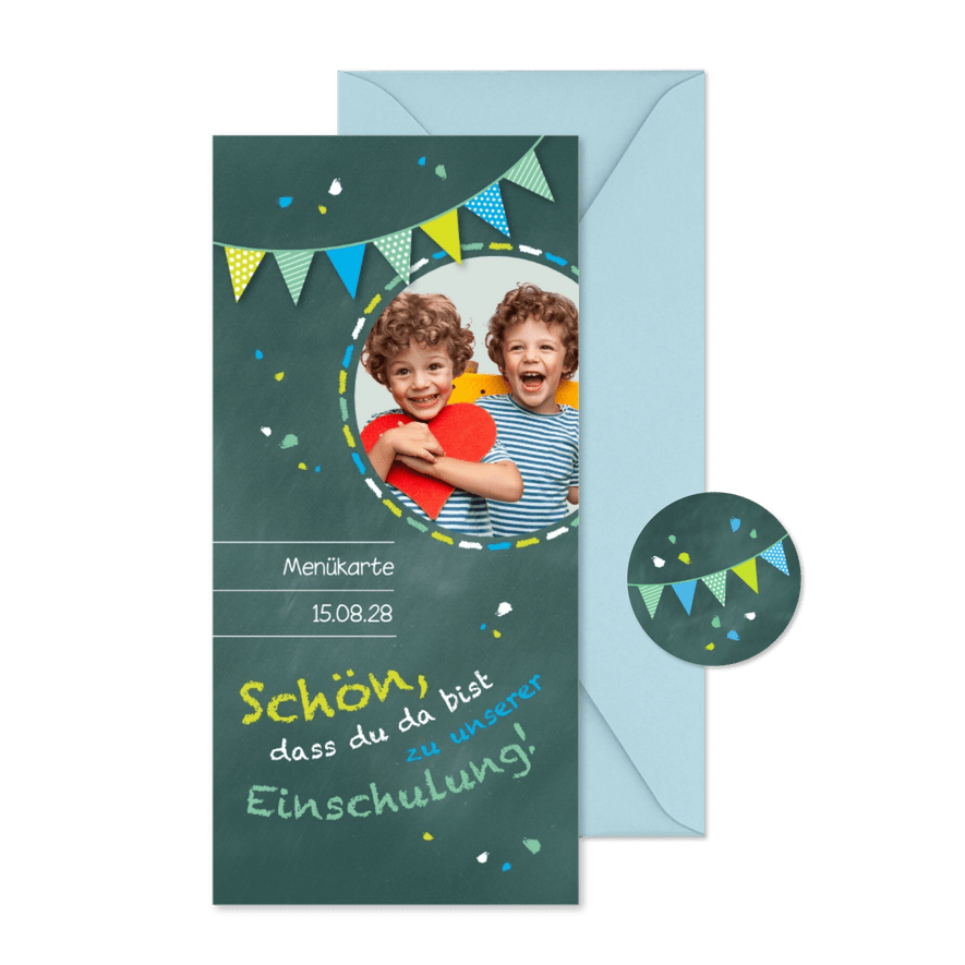 Menükarte Einschulung grünblau Zwilling Schultafel und Foto - Karteneindruck
