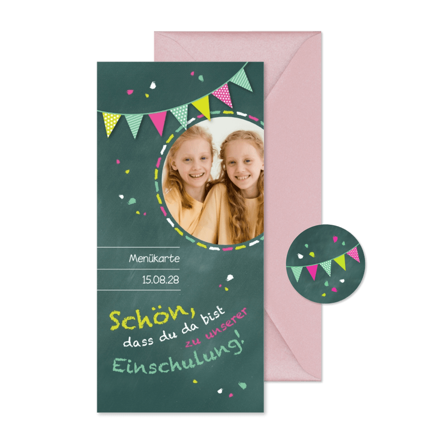 Menükarte Einschulung grünrosa Zwilling Schultafel und Foto - Karteneindruck
