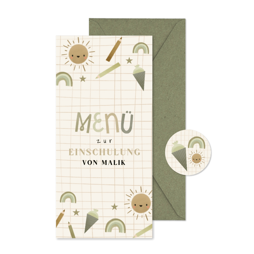 Menükarte Einschulung kleine Symbole olivgrün - Karteneindruck
