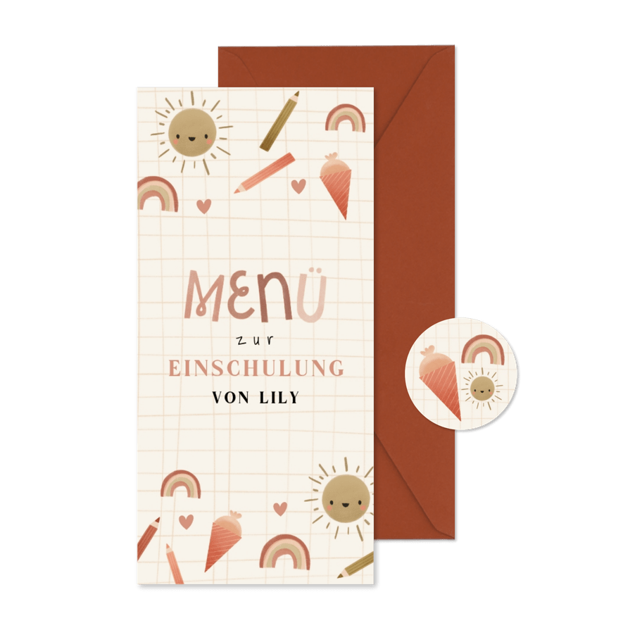 Menükarte Einschulung kleine Symbole rostbraun - Karteneindruck
