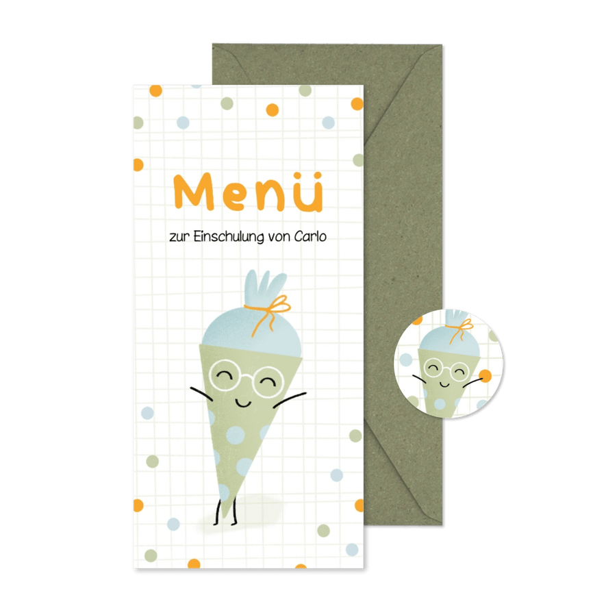 Menükarte Einschulung lustige Schultüte grün - Karteneindruck