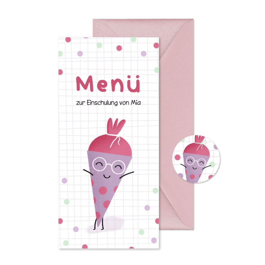 Menükarte Einschulung lustige Schultüte lila - Karteneindruck