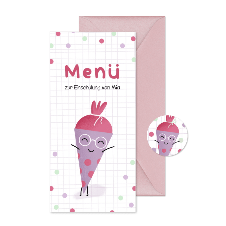 Menükarte Einschulung lustige Schultüte lila - Karteneindruck
