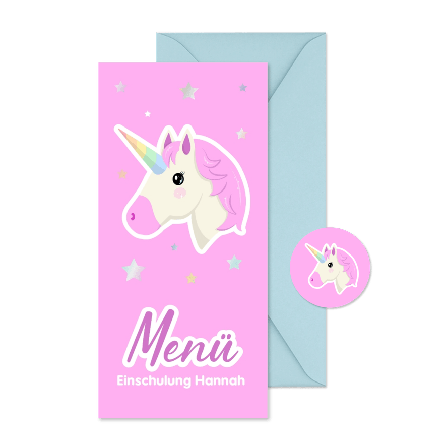 Menükarte Einschulung Pink Unicorn - Kartenvorschau