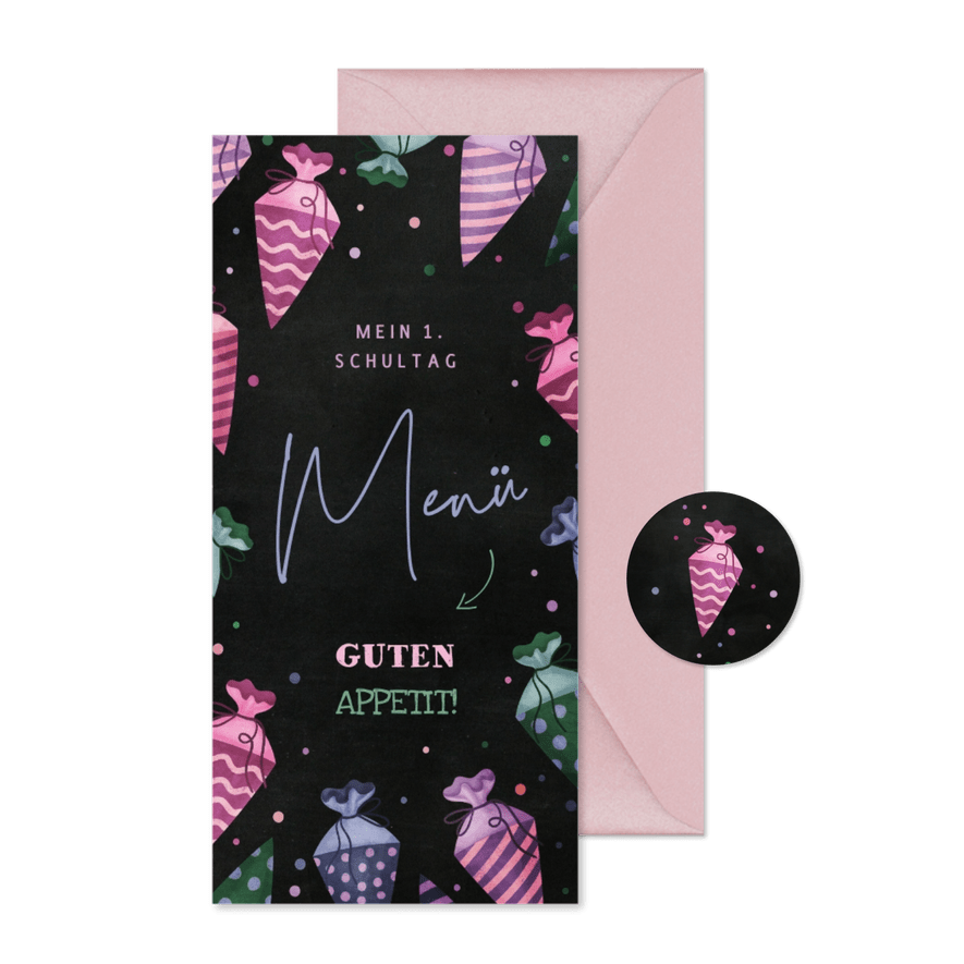 Menükarte Einschulung pinke Schultüten - Karteneindruck
