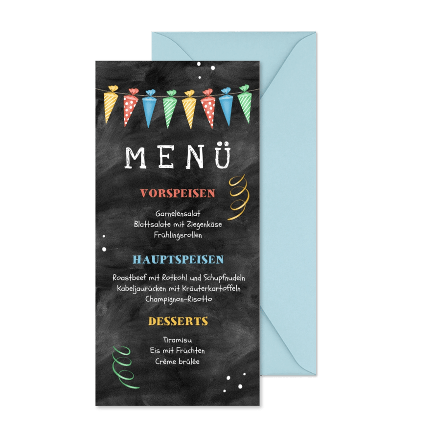 Menükarte Einschulung Schultütengirlande - Karteneindruck
