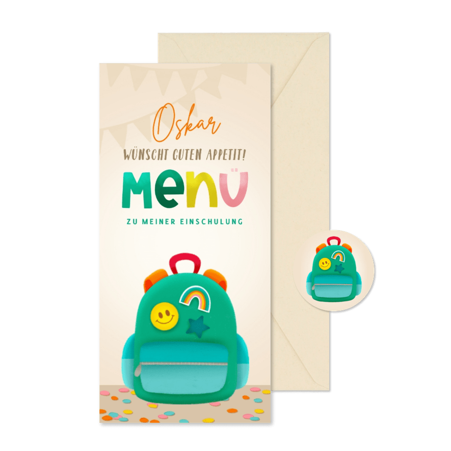 Menükarte Einschulungsfeier bunter Rucksack - Karteneindruck
