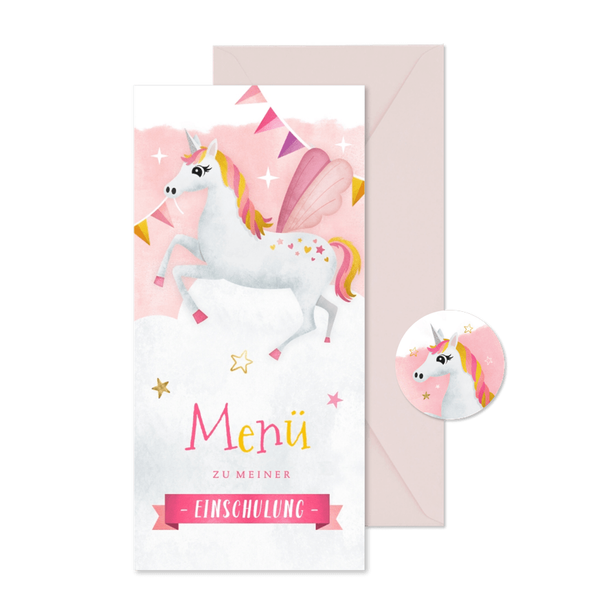 Menükarte Einschulungsfeier Einhorn - Kartenvorschau