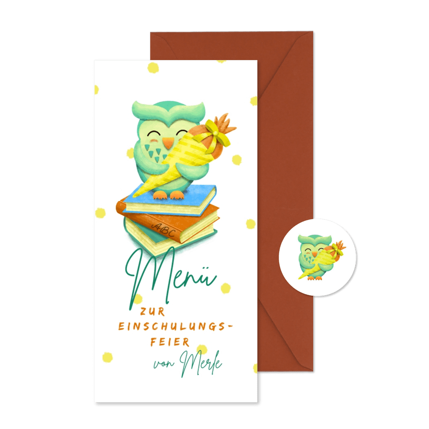 Menükarte Einschulungsfeier Eule - Karteneindruck
