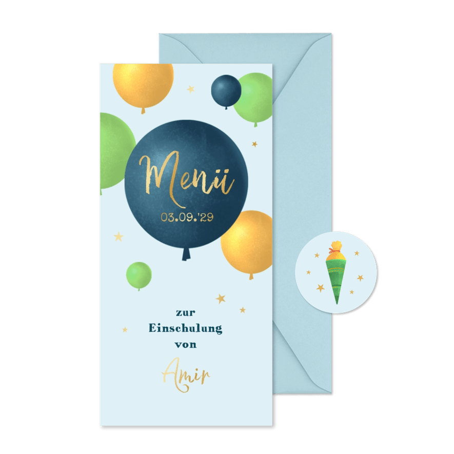Menükarte Einschulungsfeier Luftballons - Karteneindruck