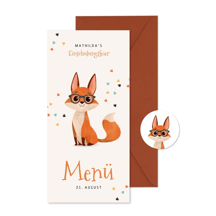 Menükarte Einschulungsfeier schlauer Fuchs mit Brille - Karteneindruck

