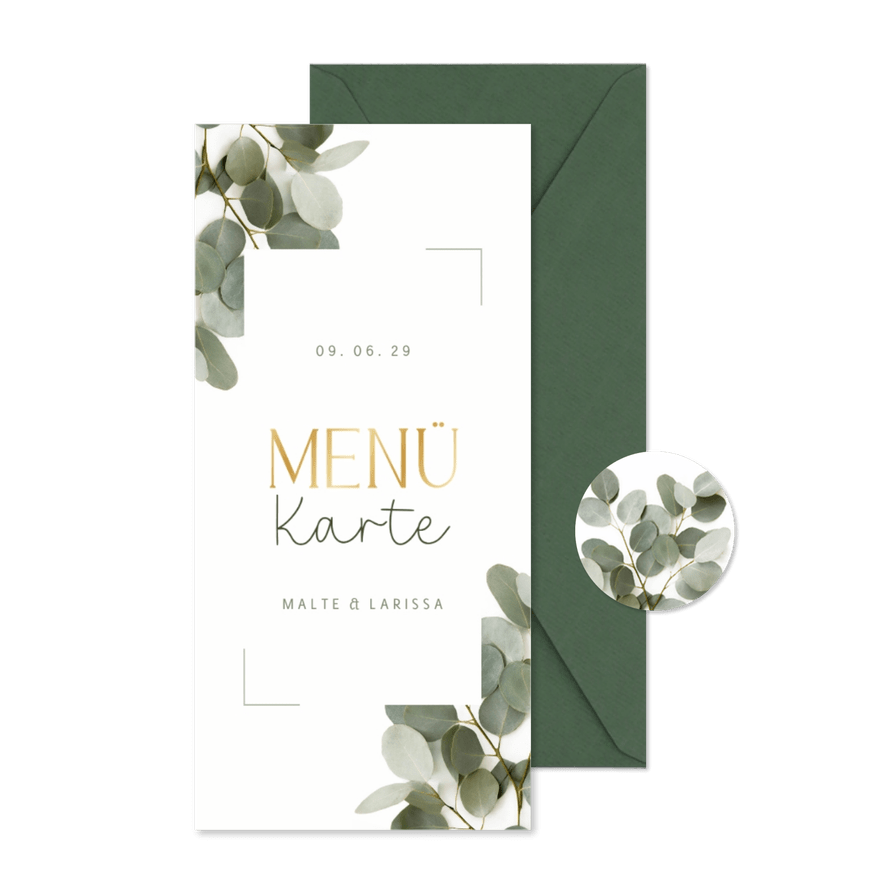 Menükarte Eukalyptuszweige & Goldlook - Karteneindruck
