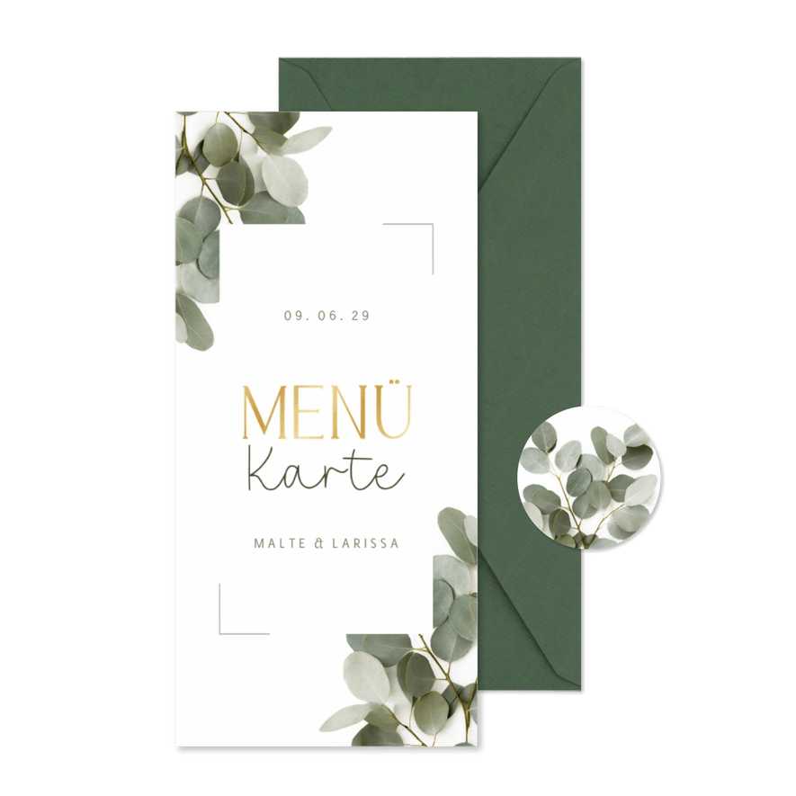 Menükarte Eukalyptuszweige & Goldlook - Karteneindruck
