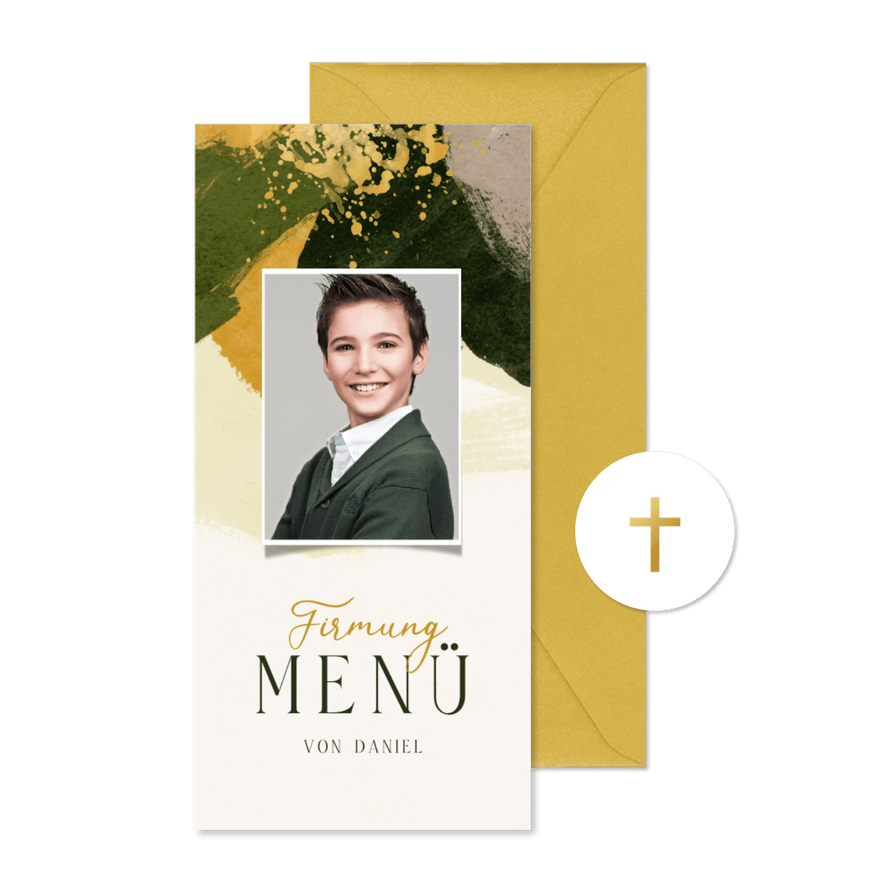 Menükarte Firmung Pinselstriche und Foto - Karteneindruck