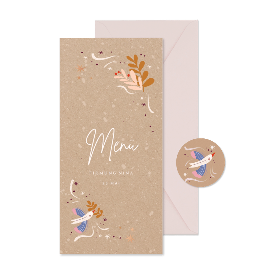 Menükarte Firmung Taube mit Zweig - Karteneindruck
