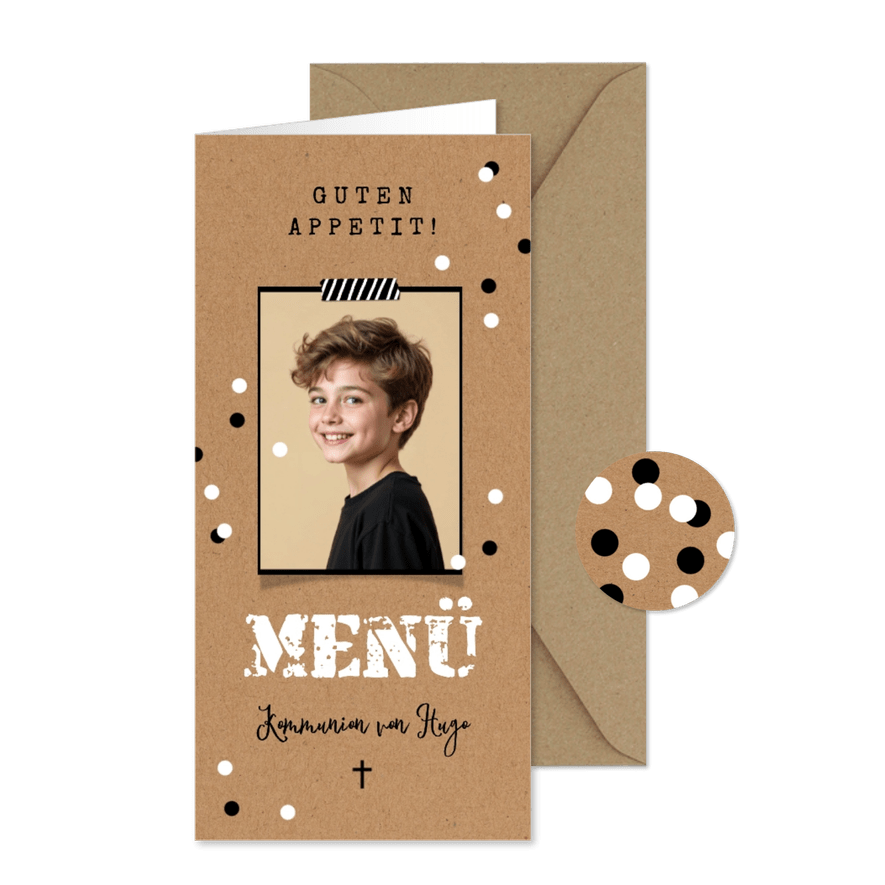 Menükarte Foto Kommunion Kraftpapier Konfetti - Karteneindruck
