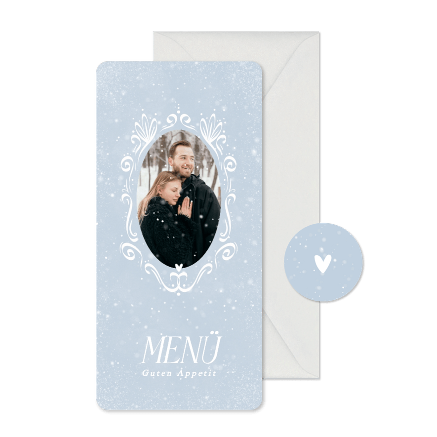 Menükarte Foto Schneeflocken Winterhochzeit - Karteneindruck
