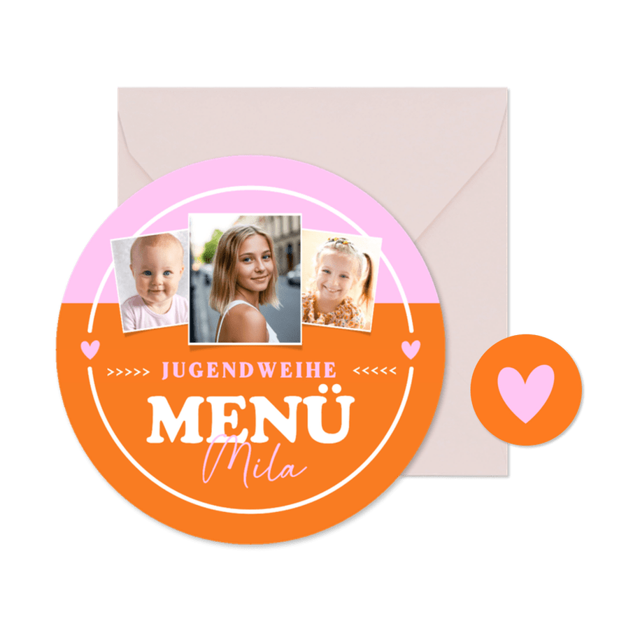 Menükarte Fotocollage Jugendweihe orange-rosa - Karteneindruck
