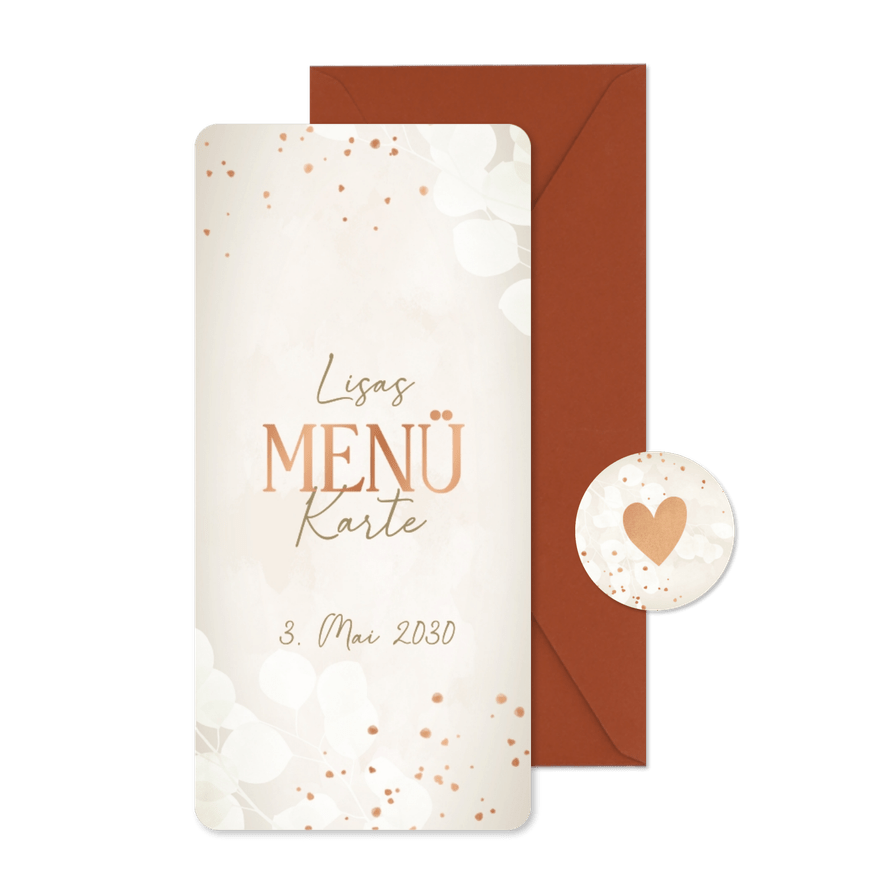 Menükarte Geburtstag Aquarelloptik Kupfersprenkel - Karteneindruck
