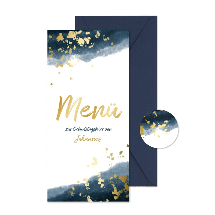 Menükarte Geburtstag dunkelblau Aquarell Goldsprenkel - Karteneindruck
