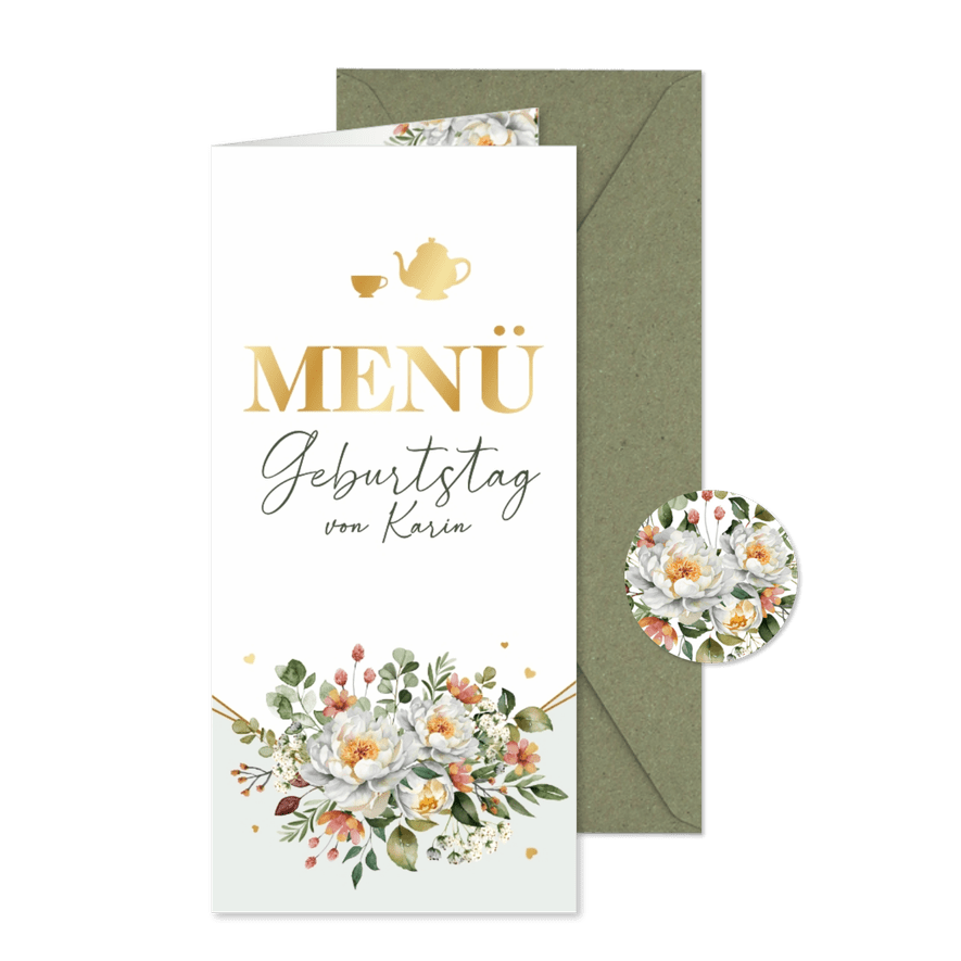 Menükarte Geburtstag Teehaus Blumengesteck - Karteneindruck
