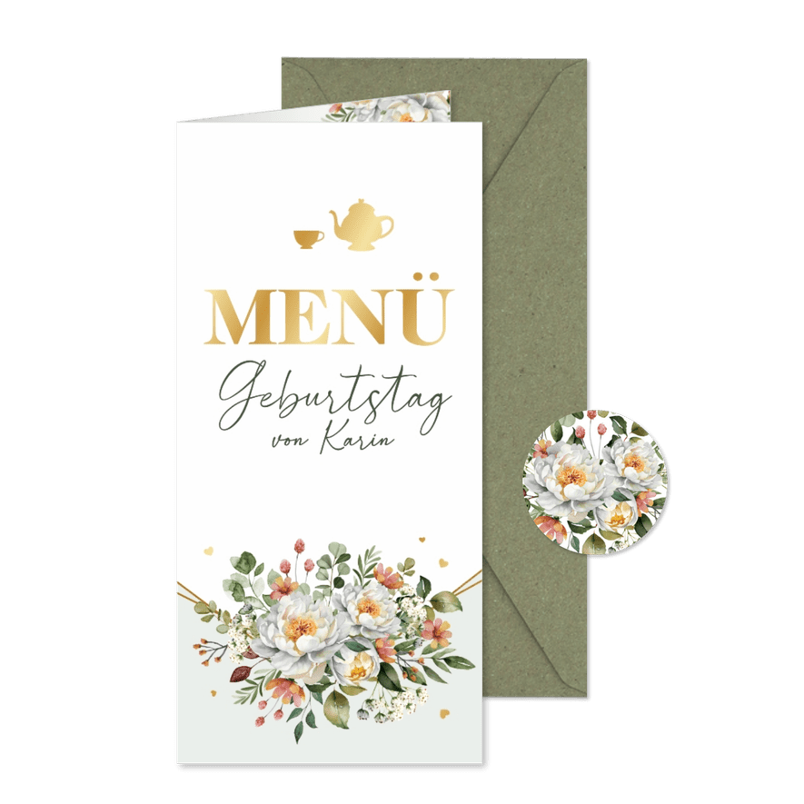 Menükarte Geburtstag Teehaus Blumengesteck - Karteneindruck