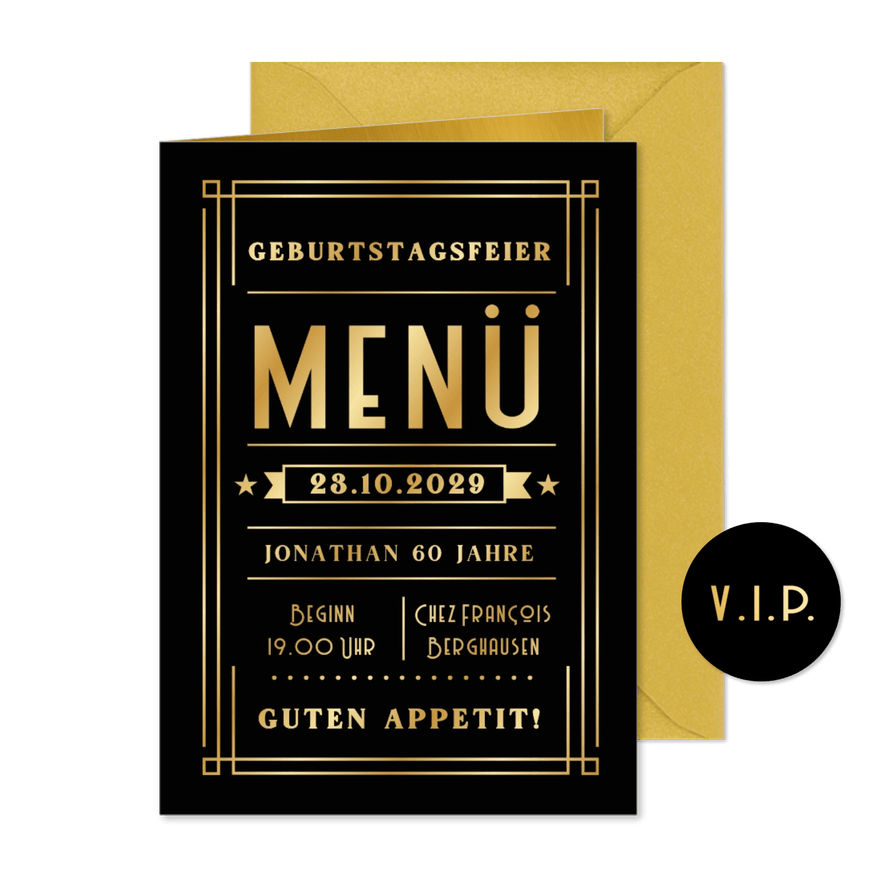 Menükarte Geburtstagseinladung Ticket VIP - Karteneindruck
