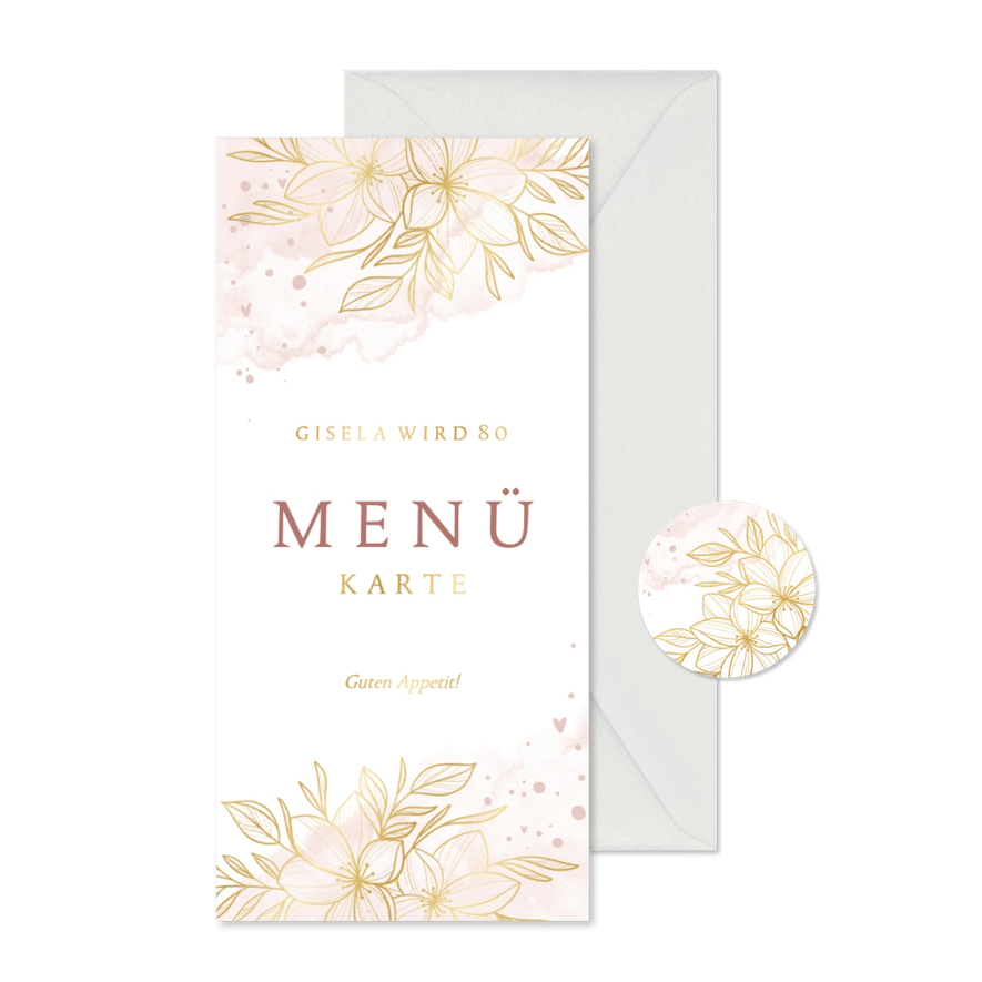 Menükarte goldene Blumen auf Aquarelloptik - Kartenvorschau