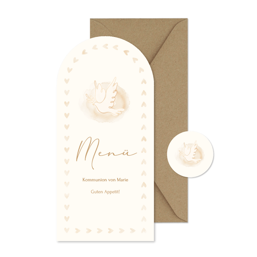 Menükarte Herzchenrand Bogenkarte Kommunion Taube - Karteneindruck