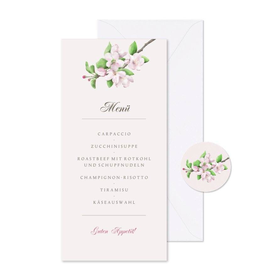 Menükarte Hochzeit Apfelblüte - Karteneindruck
