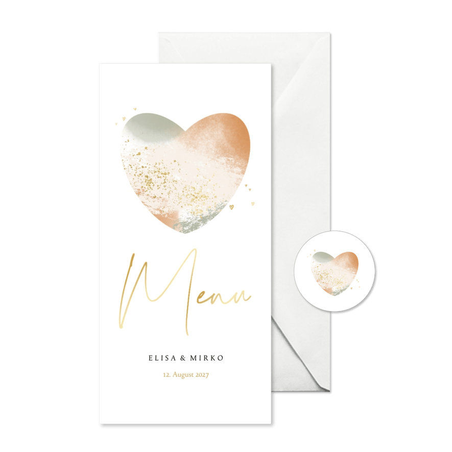 Menükarte Hochzeit Aquarell-Herz - Karteneindruck