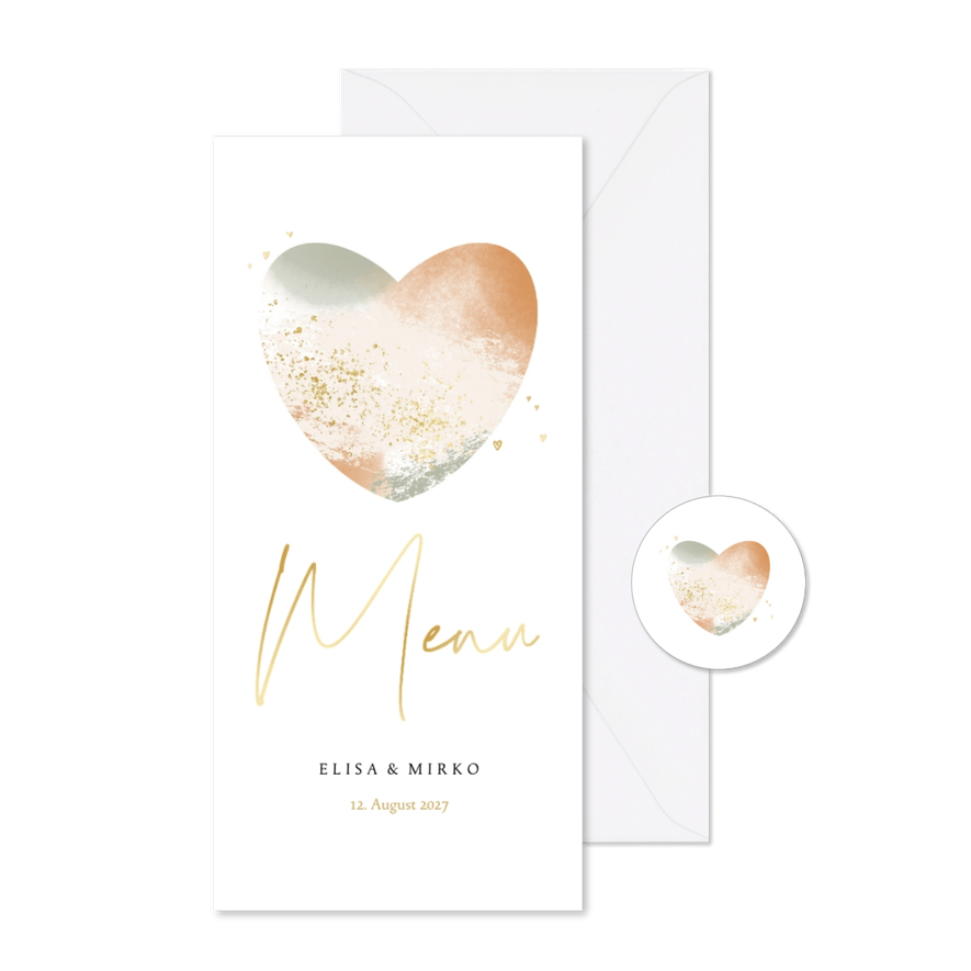 Menükarte Hochzeit Aquarell-Herz - Karteneindruck