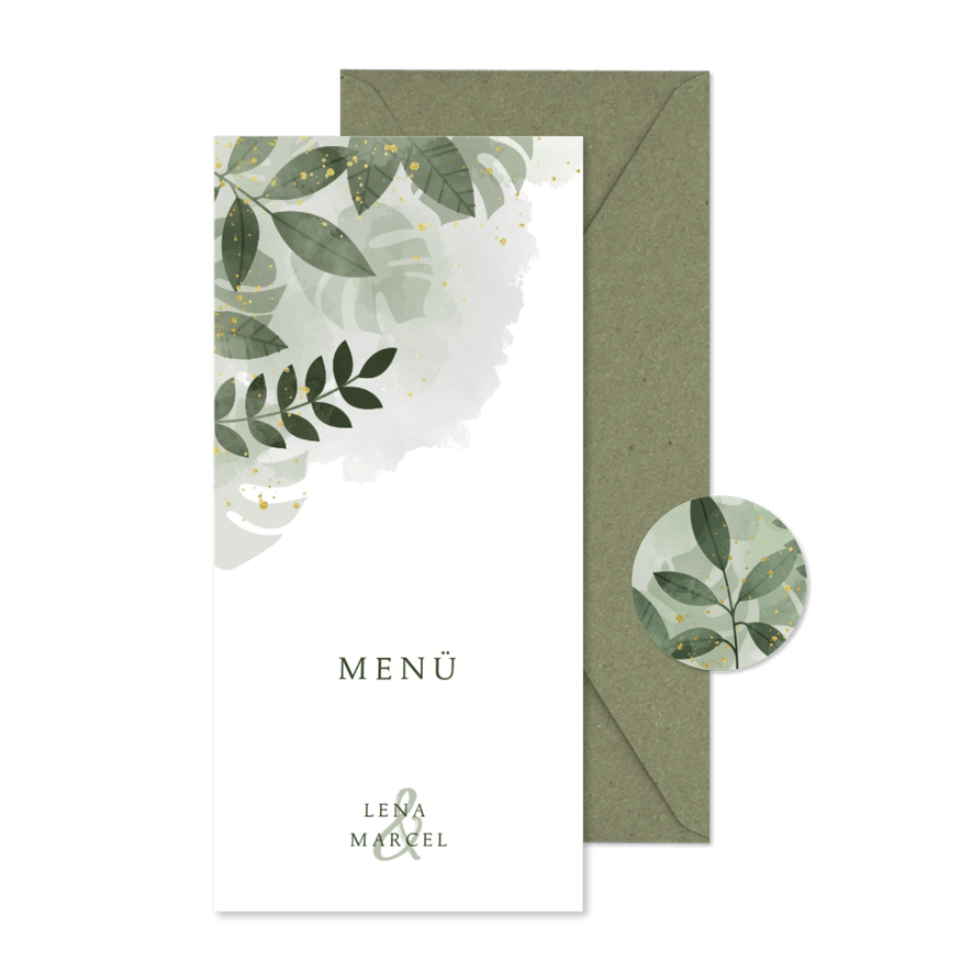 Menükarte Hochzeit botanisch mit Wasserfarben und Blättern - Karteneindruck
