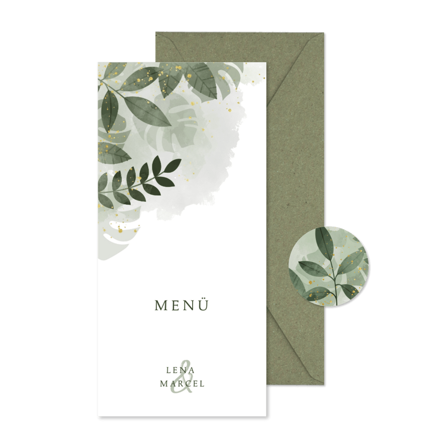 Menükarte Hochzeit botanisch mit Wasserfarben und Blättern - Kartenvorschau
