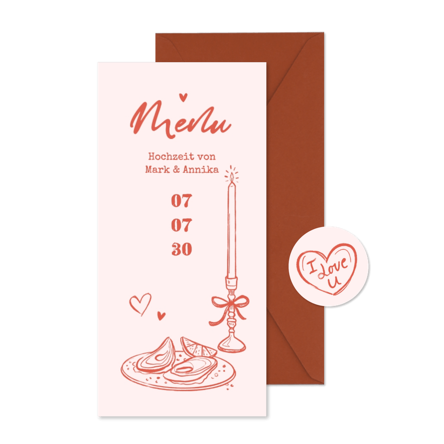 Menükarte Hochzeit Doodles Kerze und Austern rosa - Karteneindruck
