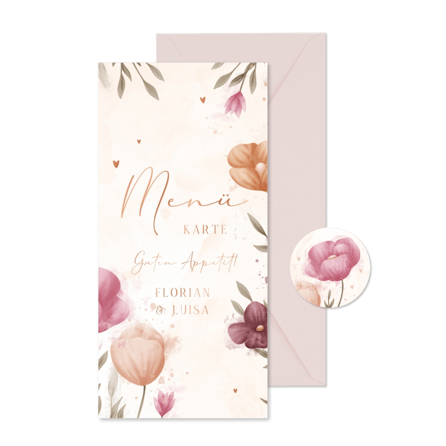 Menükarte Hochzeit elegante Blumen Aquarell - Kartenvorschau