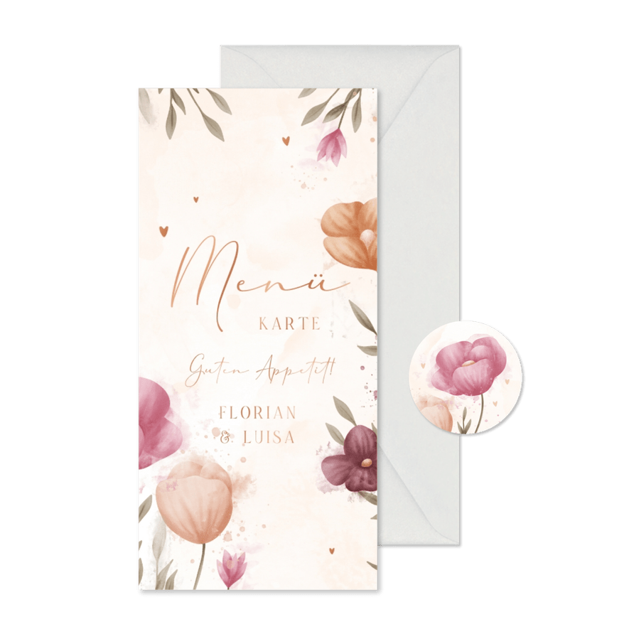 Menükarte Hochzeit elegante Blumen Aquarell - Karteneindruck
