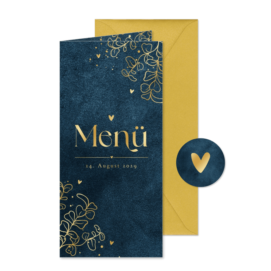 Menükarte Hochzeit Goldblätter - Kartenvorschau