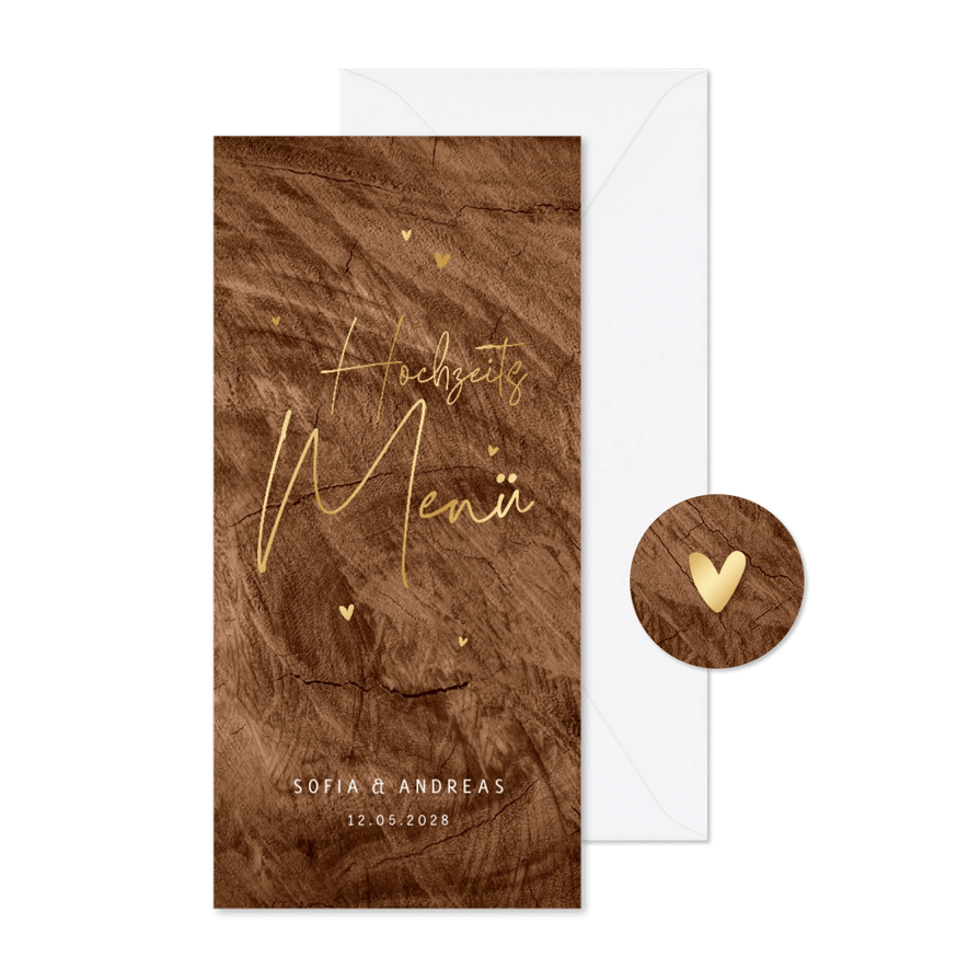 Menükarte Hochzeit Goldschrift auf Holz - Kartenvorschau
