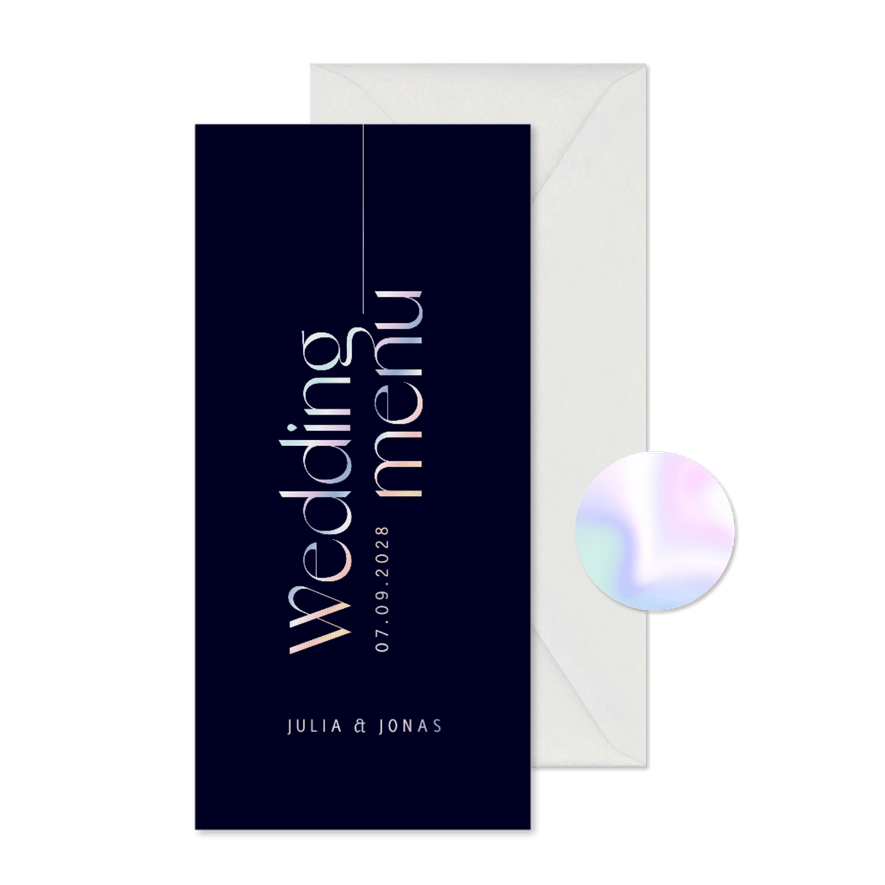 Menükarte Hochzeit holografischer Schriftzug - Karteneindruck

