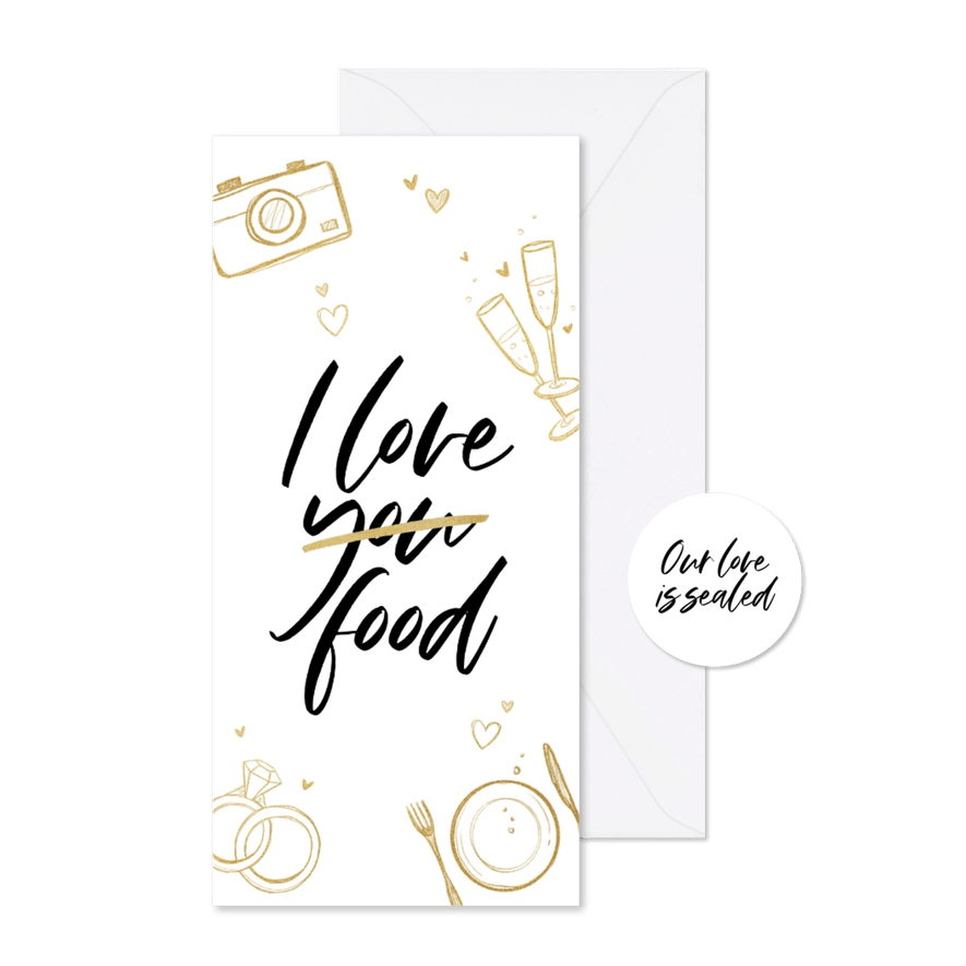 Menükarte Hochzeit 'I love food' Doodles - Kartenvorschau