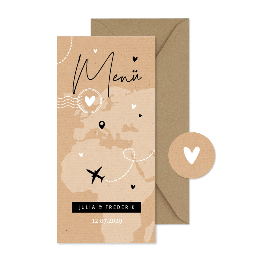Menükarte Hochzeit Kraftpapier Weltreise - Karteneindruck
