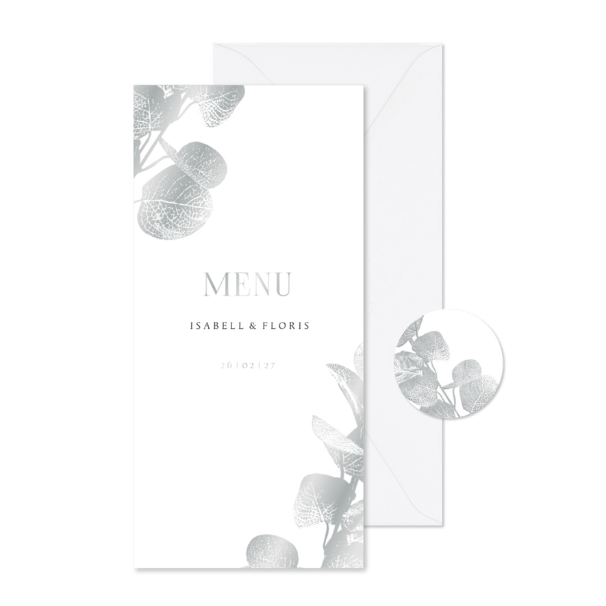Menükarte Hochzeit 'Menu' Eukalyptus Silber - Karteneindruck
