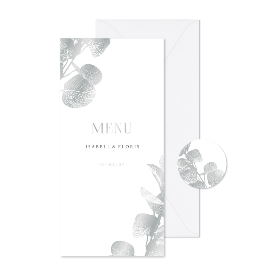 Menükarte Hochzeit 'Menu' Eukalyptus Silber - Kartenvorschau