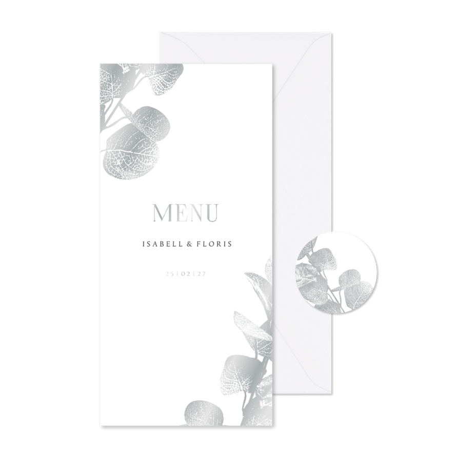 Menükarte Hochzeit 'Menu' Eukalyptus Silber - Karteneindruck