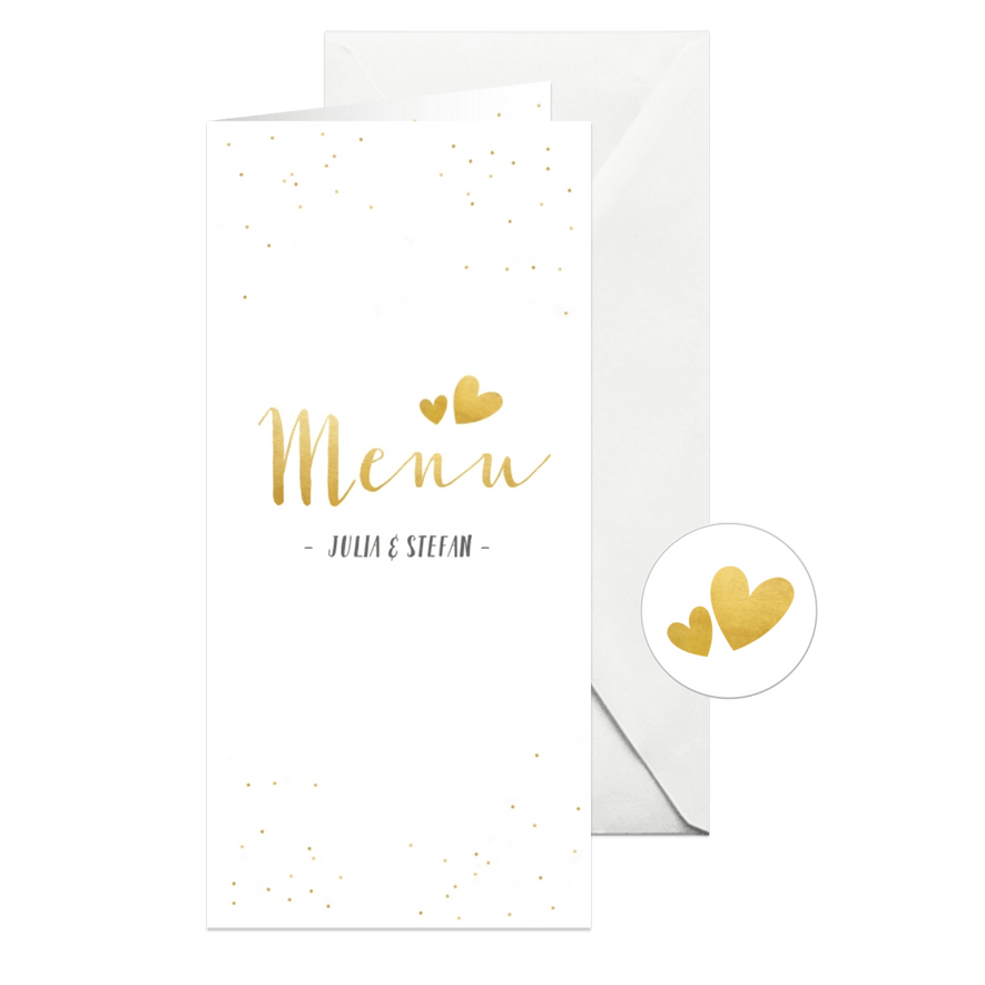 Menükarte Hochzeit mit Foto, goldener Schrift und Konfetti - Karteneindruck
