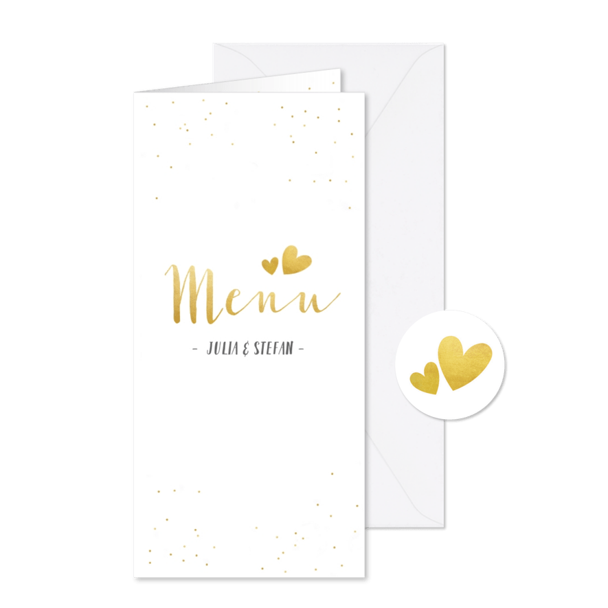 Menükarte Hochzeit mit Foto, goldener Schrift und Konfetti - Karteneindruck